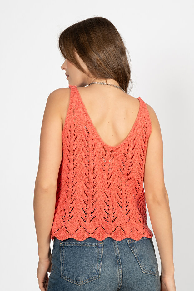 Kadın Askılı Ajurlu Triko Bluz Mercan - 6