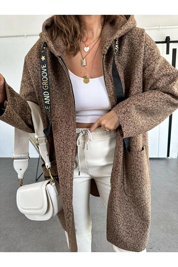 Kadın Kapüşonlu Torba Cep Astarsız Hafif Buklet Kaşe Oversize Kaban - 3