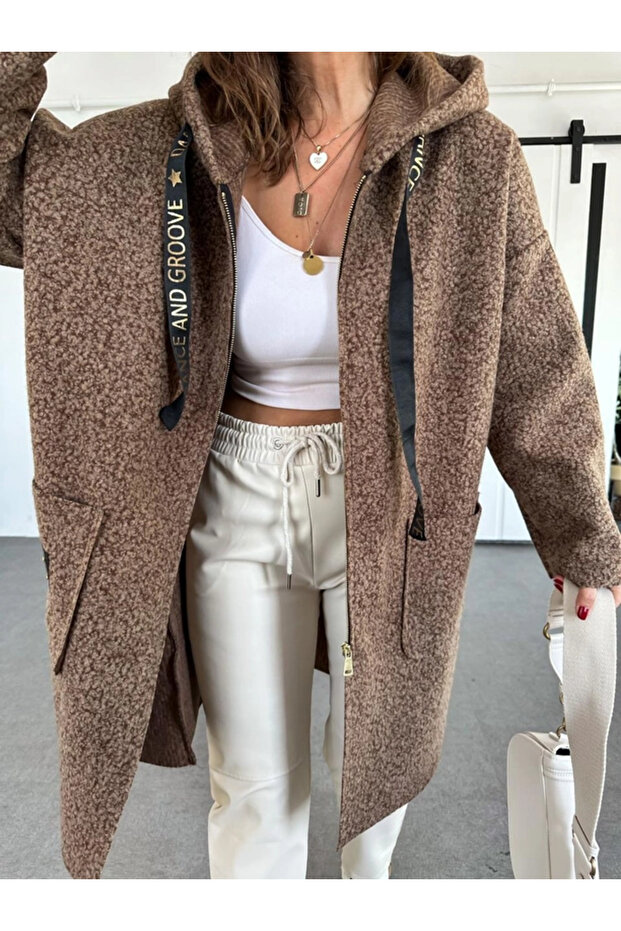 Kadın Kapüşonlu Torba Cep Astarsız Hafif Buklet Kaşe Oversize Kaban - 5