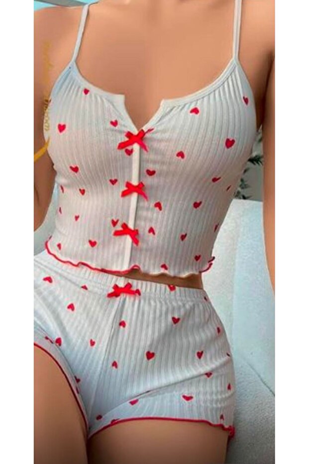 Kalpli örme kumaş askılı şortlu pijama takımı - 2