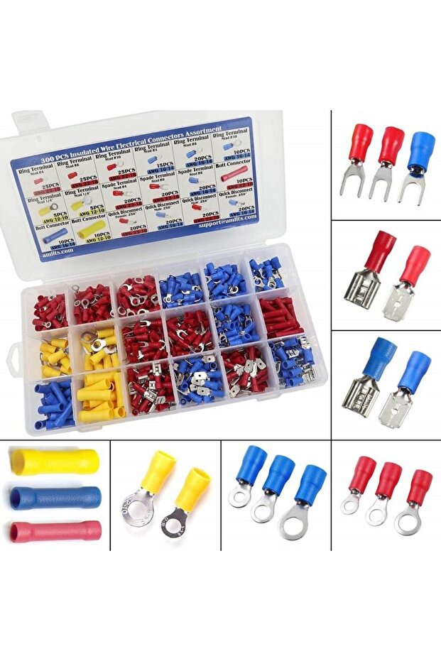 300 Adet Kablo Pabuç Terminal Seti İzoleli 18 Çeşit Şeffaf Çantada - 2