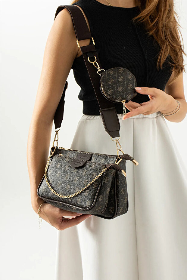 Three Compartment Brown Women's Shoulder Bag with Mini Wallet