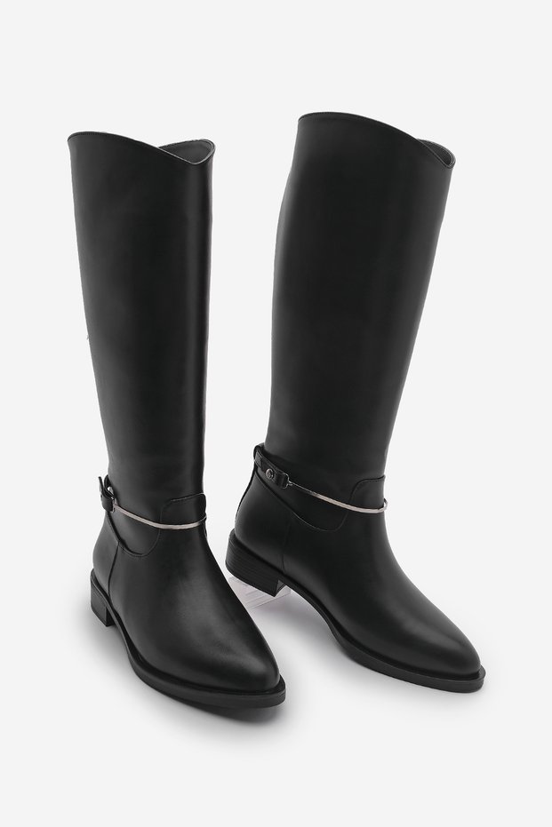 Women's Black Velosa Riding Boots - Metal Buckle, Casual Without Zipper
