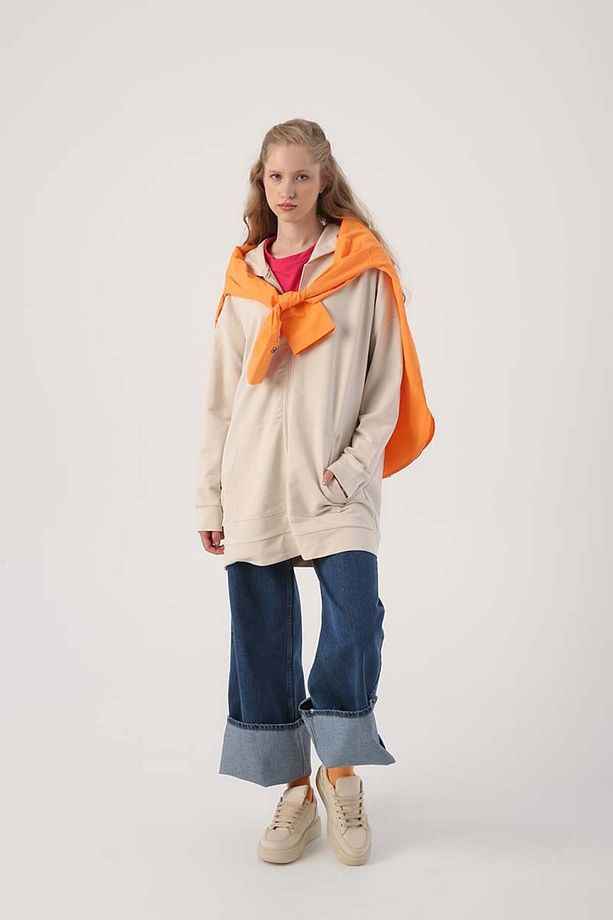 Açık Bej-Fermuarlı Sweat Hırka - 5
