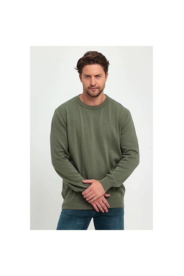 Khaki Green Men's Regular Cut Crew Neck Basic Plain Knitwear Sweater