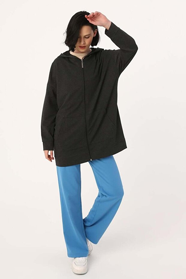 Antrasit-Fermuarlı Sweat Hırka - 1