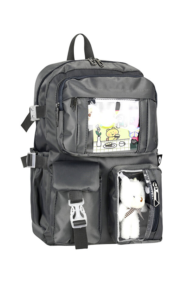 Grey Kawaii Korean Style School Bag with Accessories Girls & Boys Backpack