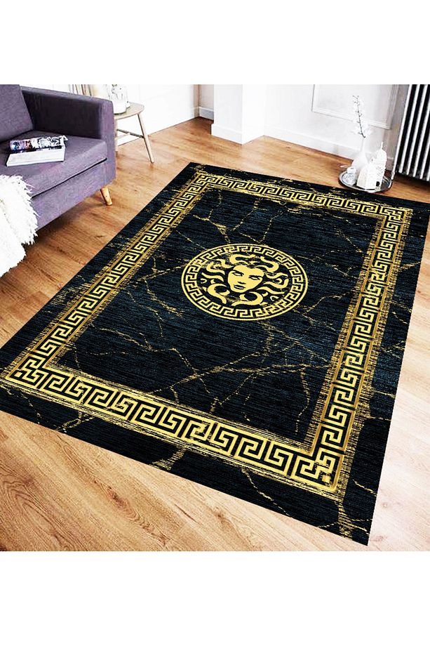 Medusa Motif Gold Motif Süngerli , Kalın Yüzey Makinede Yıkanabilir Halı - DERİ TABAN - 1