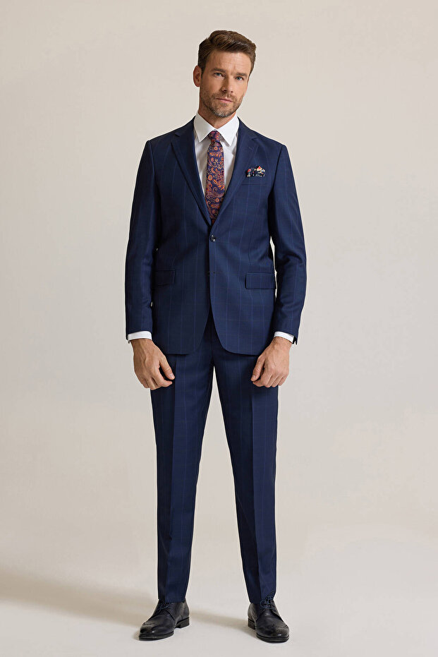 Erkek Lacivert Regular Fit Mono Yaka %100 Yün Takım Elbise - 3