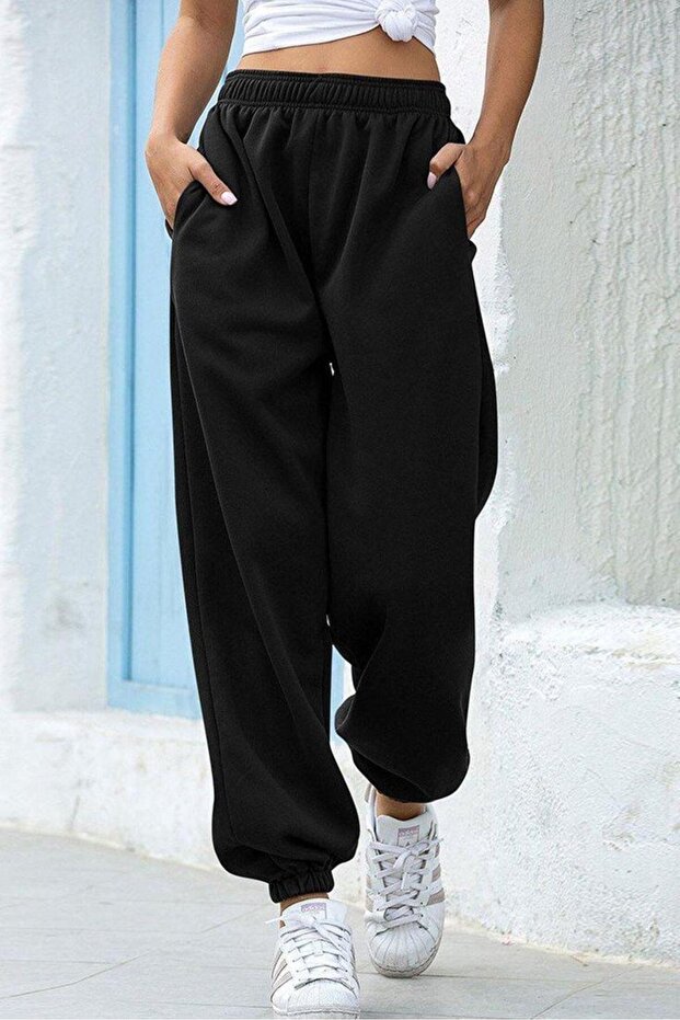 Black 3 Thread Compact Jogger Rubber Leg Sweatpants Women