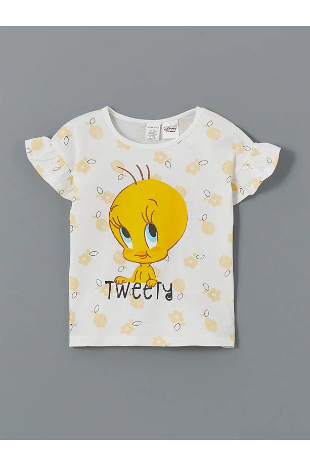 LCW baby Ekru Bisiklet Yaka Tweety Baskılı Kız Bebek Pijama Takımı - 2