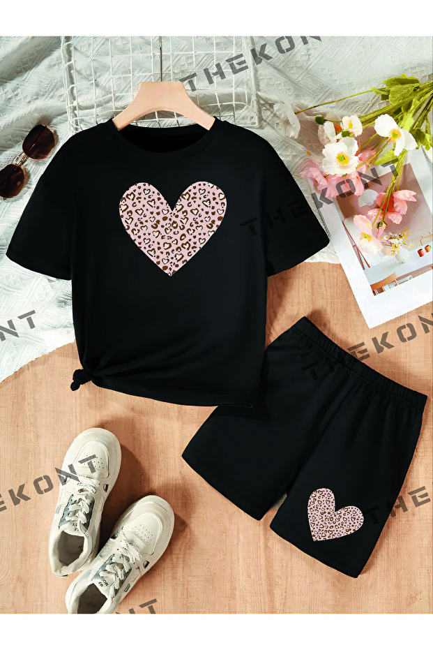 Leopard Heart Printed Tshirt-Shorts Bottom-Top Suit - 1