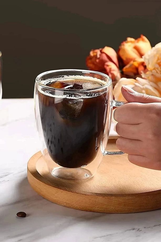 4'lü Çift Camlı Çift Cidarlı Cam Kupa 350 ml Ev Ofis Fincanı Çift Katlı Isı Yalıtımlı Kulplu Bardak - 3
