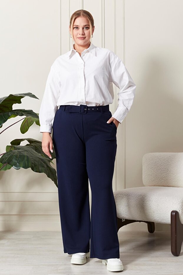 Women's Plus Size Fabric Trousers with Belt and Wide Leg Palazzo Model