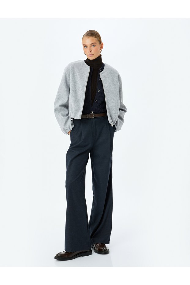 Crop College Bomber Jacket Round Neck Zippered