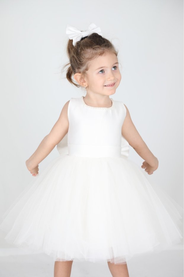Girls Birthday Prom Show Dress with Neckline and Bowknot Pearls