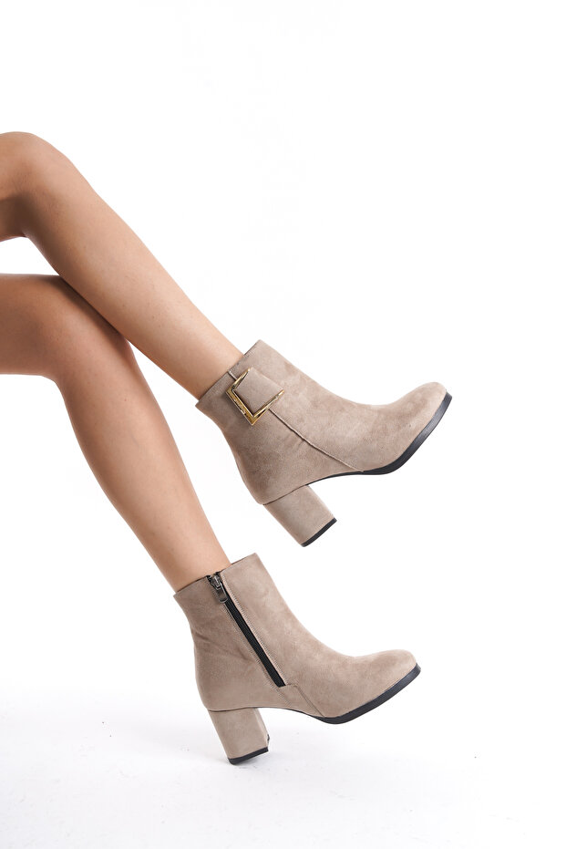 Damskie krótkie buty Athens Beige Suede z klamrą i obcasem - 3