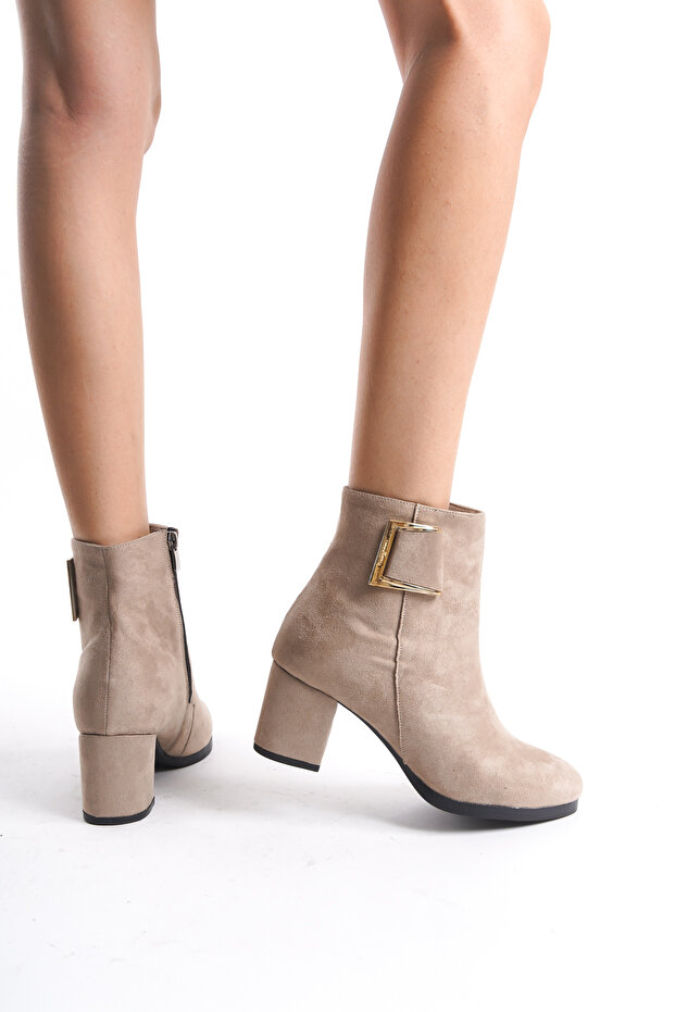 Damskie krótkie buty Athens Beige Suede z klamrą i obcasem - 2