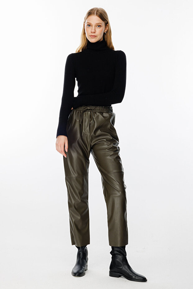 Leather Trousers with Stitching Detail - Khaki