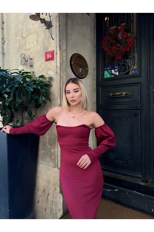 Bordo Balon Kol Midi Omzu Açık Elbise - 4