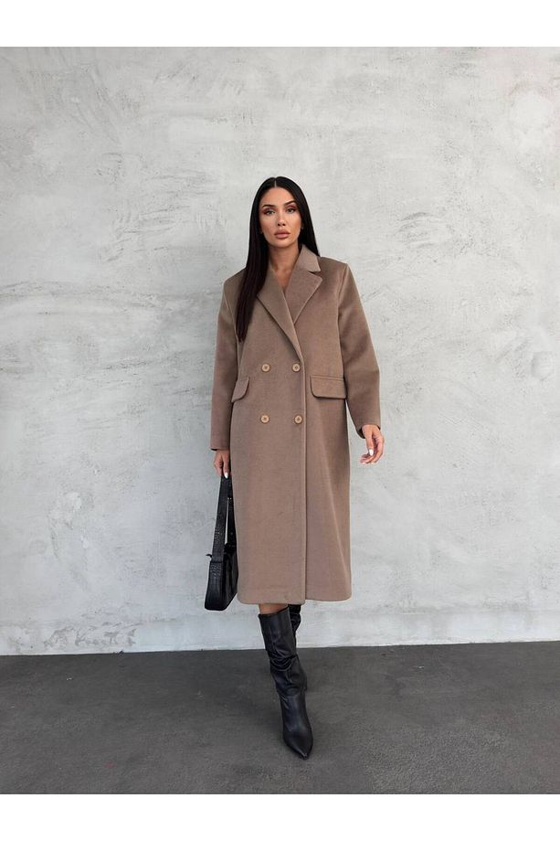 Kadın Taba Oversize Astarlı Cep Detaylı Uzun Kaşe Kaban - 1