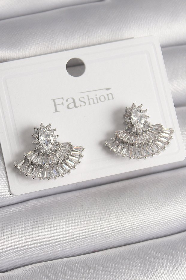Brass Silver Color Zircon Stone Fan Model Women's Earrings