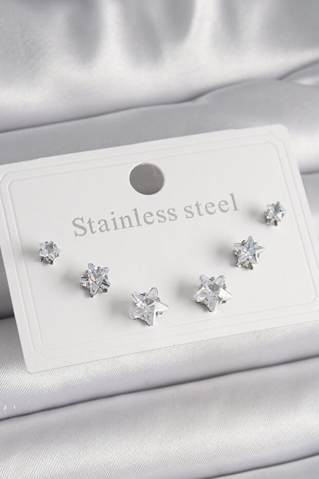 Silver Color Star Figured Women's Earring Set (316L Steel)