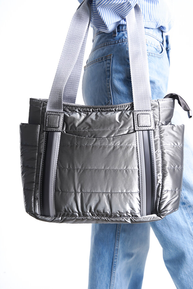 Gray Women's Parachute Fabric Bag Large Size Inflatable Zipper and Side Compartment Striped Daily Shoulder Bag