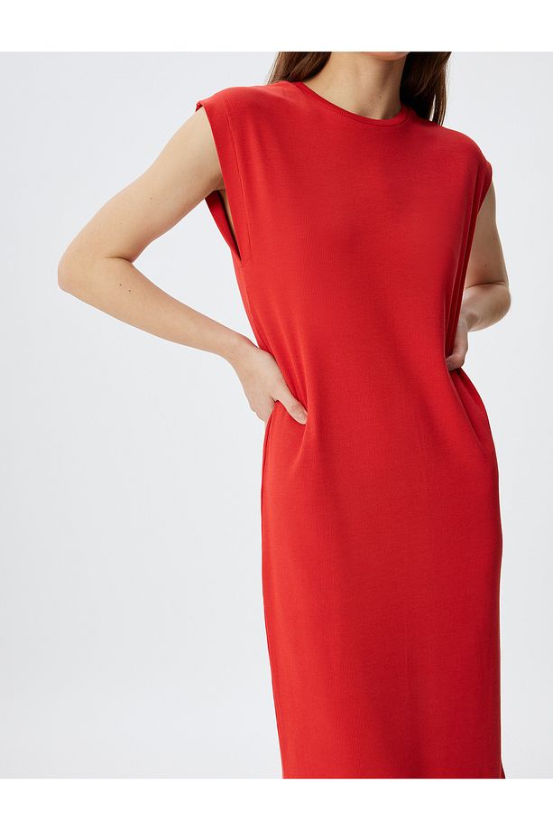 Midi Bodycon Elbise Kısa Kollu Bisiklet Yaka Fitilli - 5