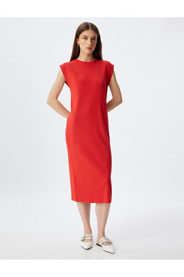 Midi Bodycon Elbise Kısa Kollu Bisiklet Yaka Fitilli - 3