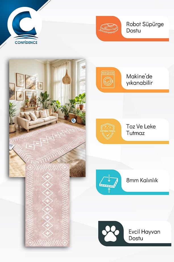 Makinede Yıkanabilir Kaymaz Taban Leke Tutmaz Pembe Mutfak Halısı Salon Halısı Ve Yolluk - 2