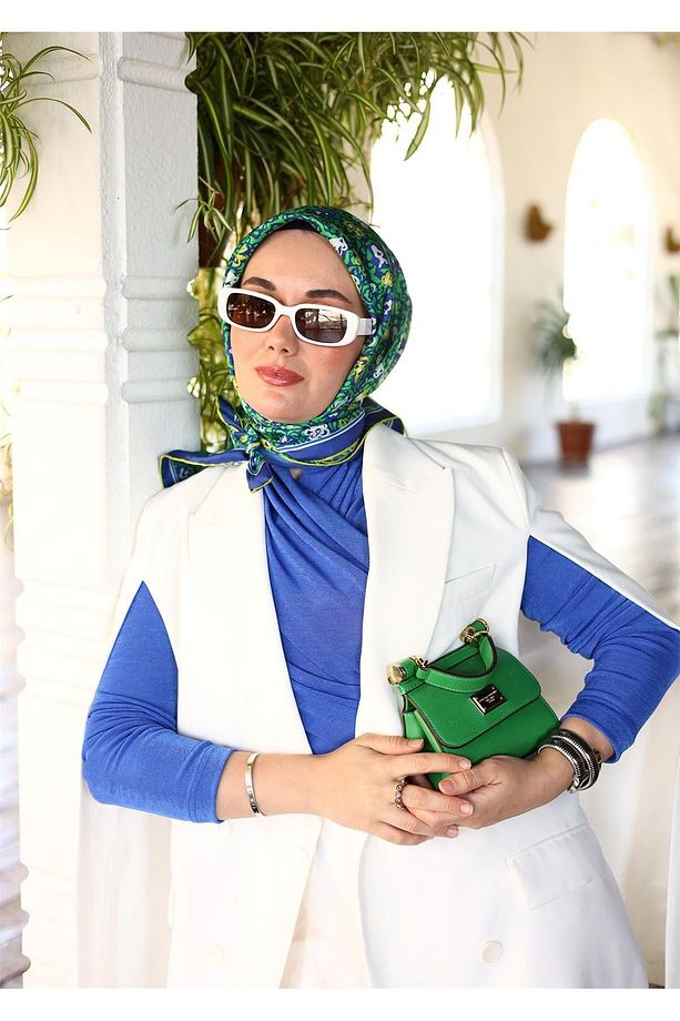Saks Mavisi Çıtır Çiçek Desenli Tivil İpek Eşarp - 4