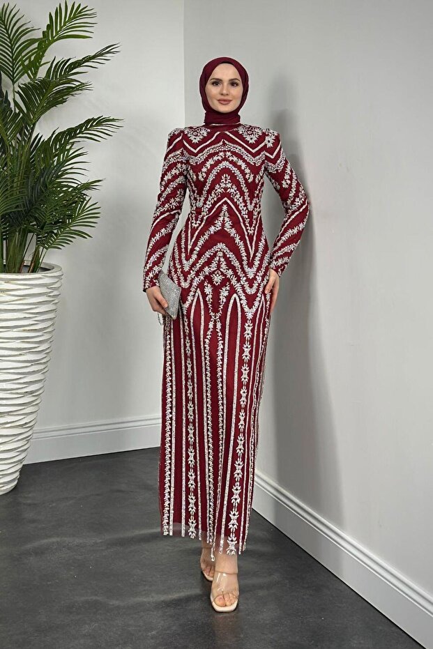 Burgundy Liam Silvery Patterned Evening Dress