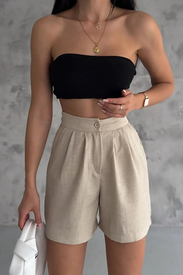 Beige Linen Shorts - Pocket Design