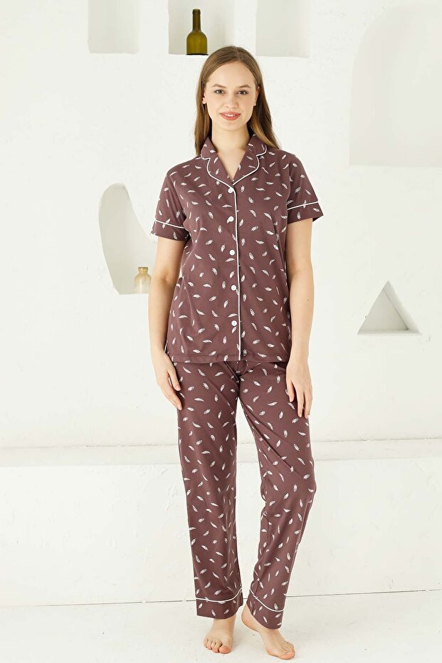 Plum Front Buttoned Short Sleeve Pajama Set 2732Ky
