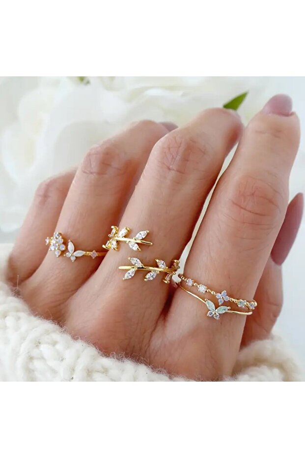 Multi Ring Set with Adjustable Joint - Heart and Butterfly Pattern, Combiniation -039