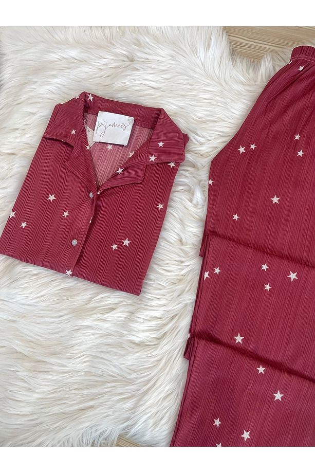 Koyu Pembe Yıldız Desenli Pegasus Kısa Kol Pijama Takımı - 4