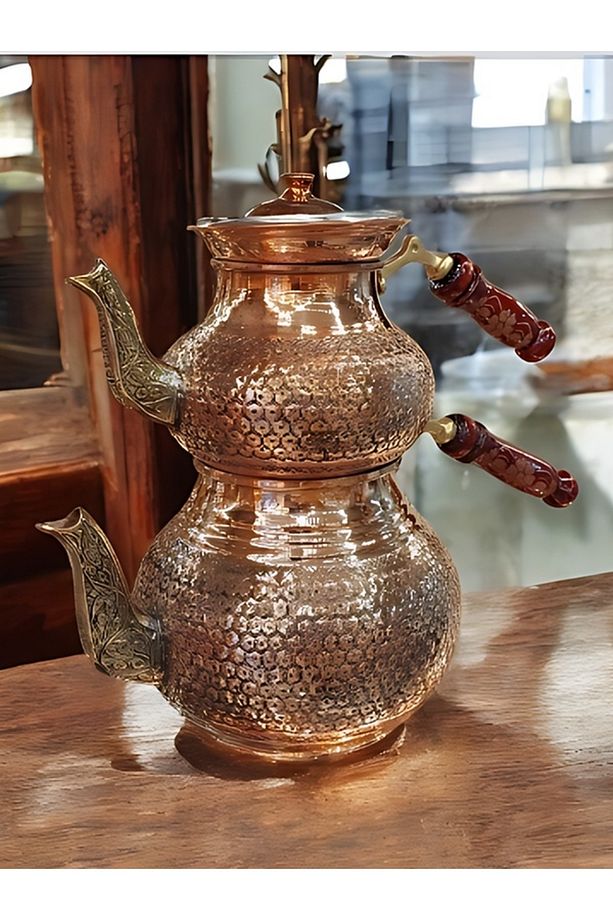 Bakır Çaydanlık Kalın Büyük Çaydanlık Özel Bakır Petek Desenli Çaydanlık El İşlemeli Bakır Demlik - 3