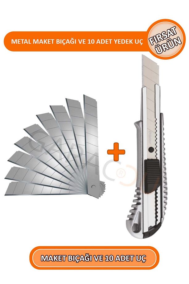 Metal Profesyonel Maket Bıçağı Falçata Ve 10 Adet Yedek Bıçak Büyük Boy - Fırsat Ürün - 1