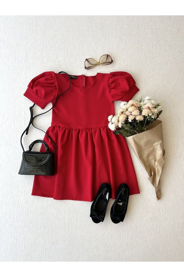 Red Watermelon Sleeves Girl's Crepe Dress
