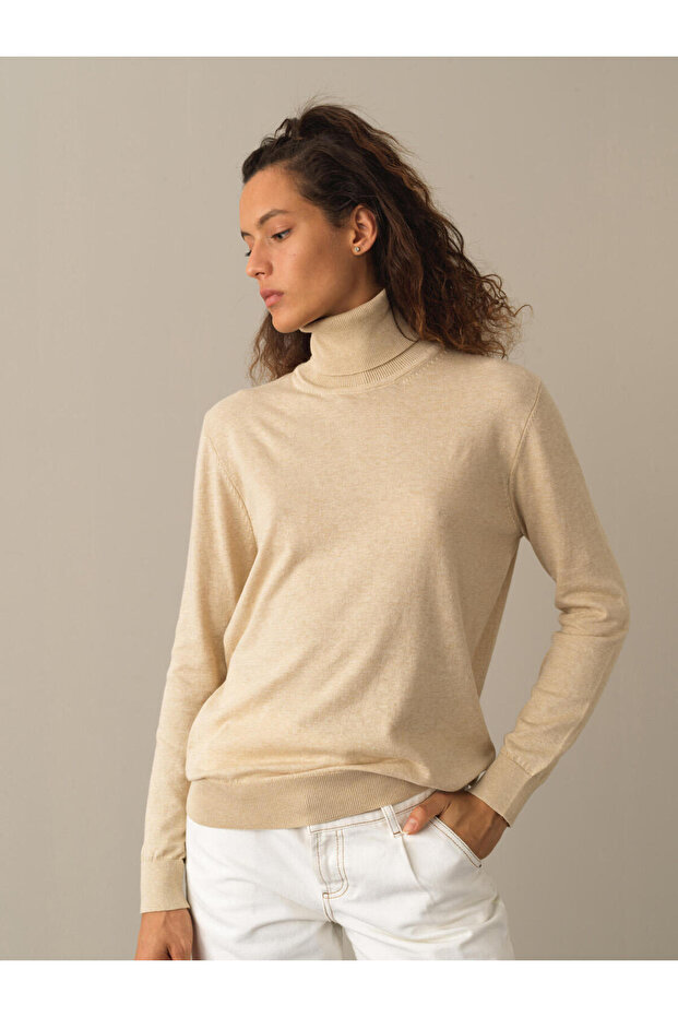 Kadın Bej Regular Fit Basic Kazak - 1