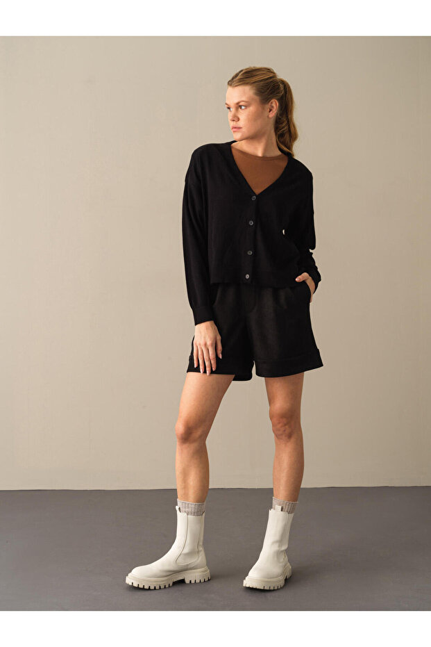 Kadın Siyah Slim Fit Basic Hırka - 4