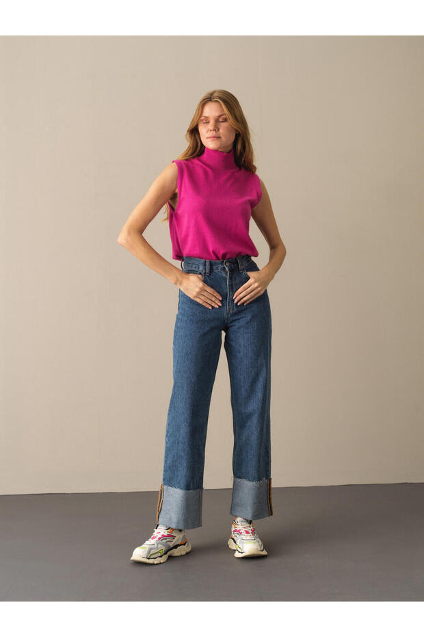 Kadın Fuşya Pamuk Dokulu Regular Fit Kazak - 4