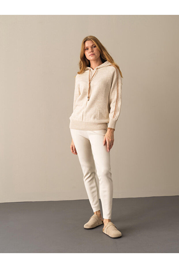 Kadın Bej Kapüşonlu Oversize Triko Sweatshirt - 4