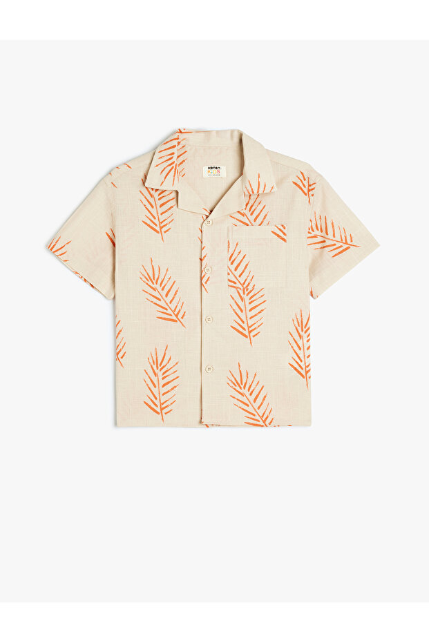 Cotton Short Sleeve Single Pocket Leaf Print Shirt