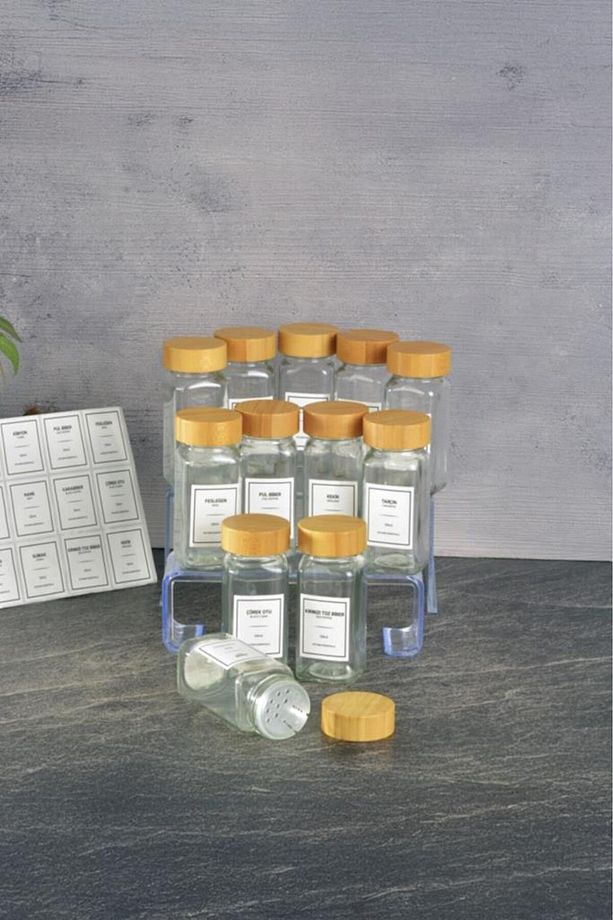 Etiketli 12’li Bambu Kapaklı Cam Kare Baharatlık Seti 125ml C- 1-1-18 - 4
