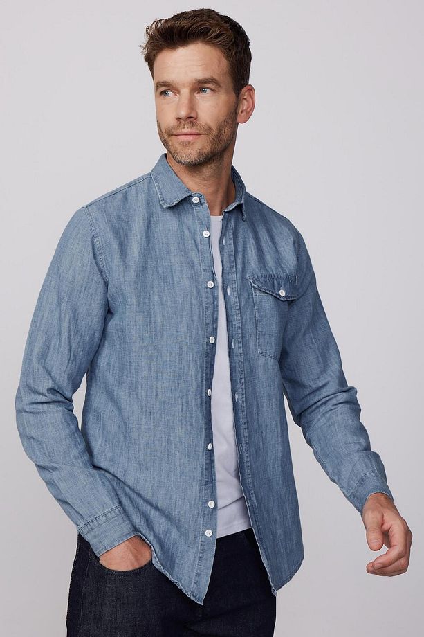 Slim Fit Uzun Kollu Dar Kesim Tek Cep Kapaklı Pamuklu Mavi Denim Kot Gömlek - 1
