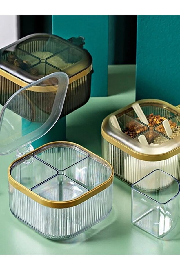Table Top Spice Rack with 4 Spoons and Lid 4 Compartments Spice Box (Suitable for Restaurant and Cafe Use) - 5