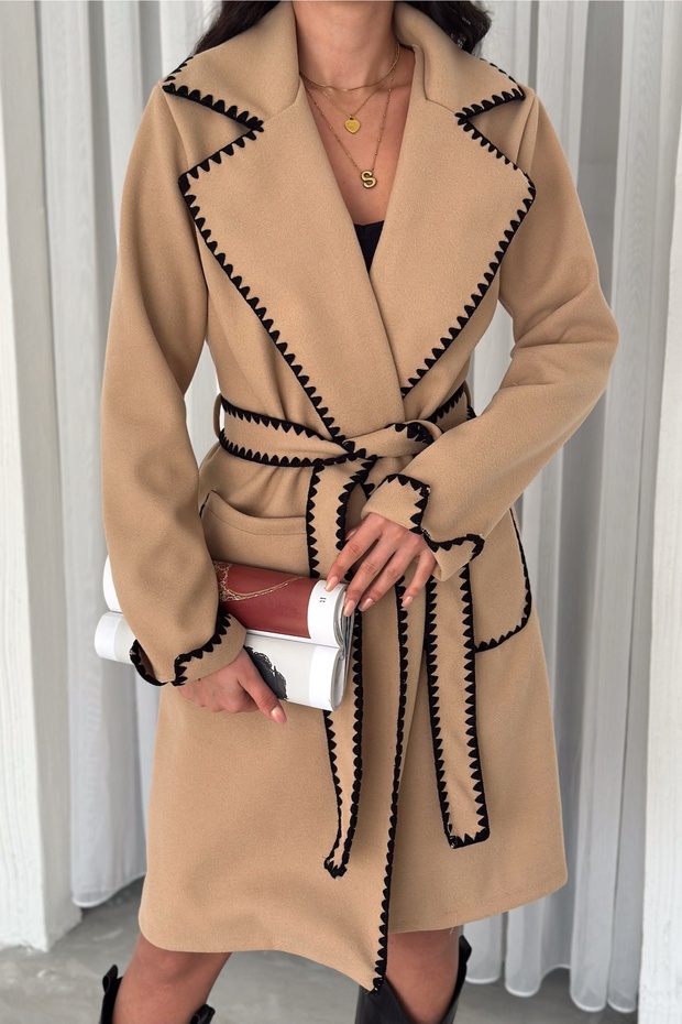 Women's Brown Belted Embroidered Double Pocket Stamp Coat
