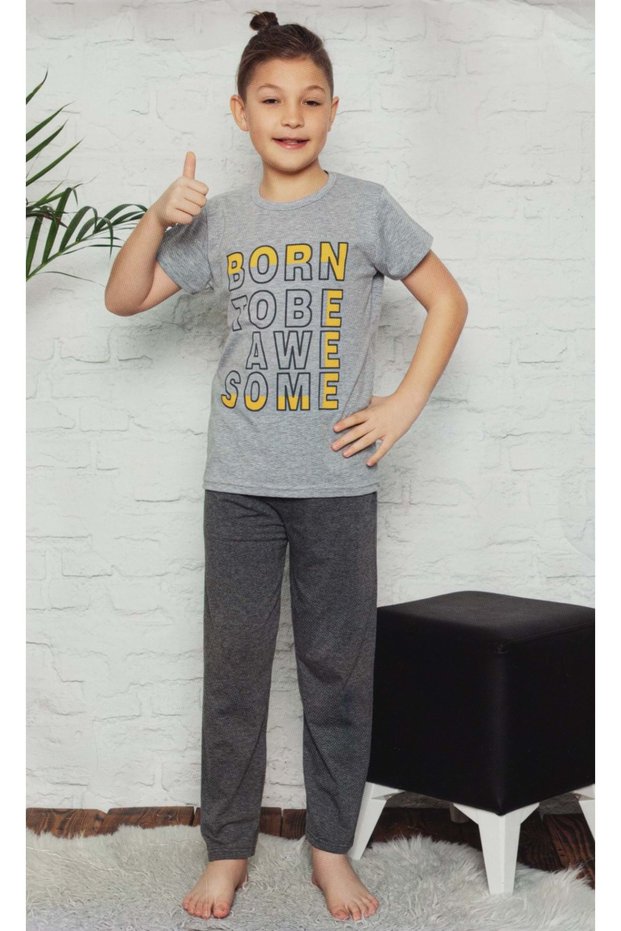 Short Sleeve T-Shirt, Long Pants Printed Boys Pajamas M00673 Grey - Smoke